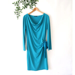 Jose Natori Teal Green Long Sleeve Drape Neck Tie Side Dress Size Small